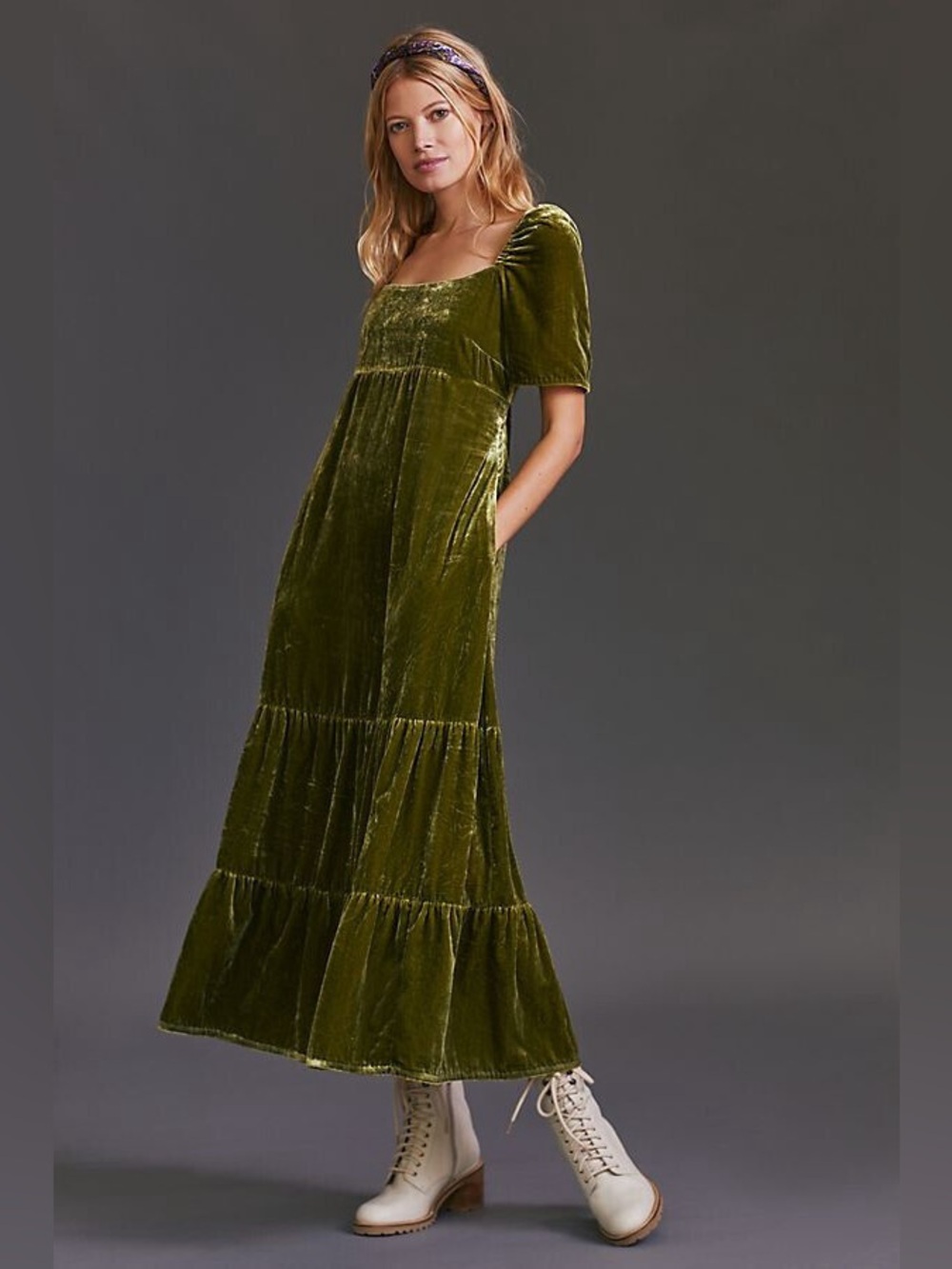 NWT Anthropologie Olive Green Velvet Velvet Empire Waist Midi Dress. Size 4P.